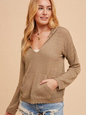 NWT Hem & Thread Crochet Knit Pointelle Hoodie Sweater  in Olive (S/M/L)